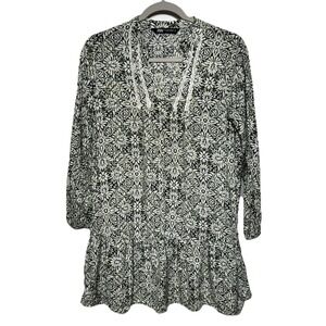 ZARA floral‎ Printed Short Dress 100% Cotton Green White Women's Sz XS